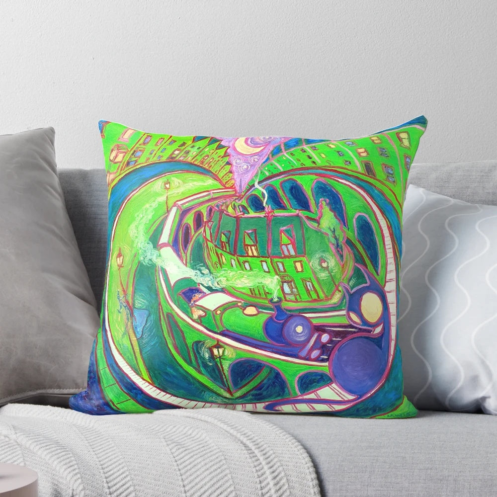 Soft and plush green steam train pillow with intricate details