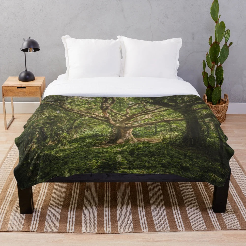 Green tree plush blanket with nature landscape