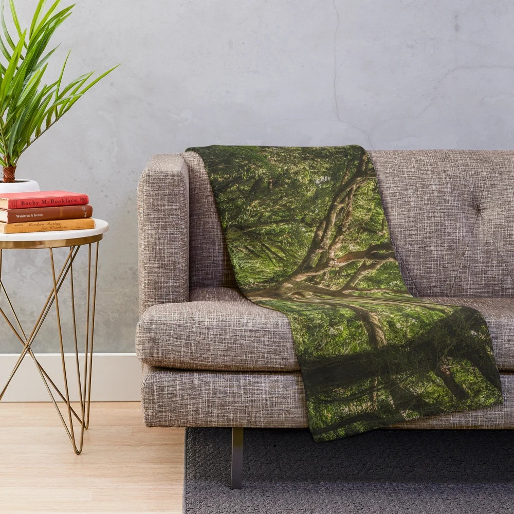 Green tree plush blanket with nature landscape