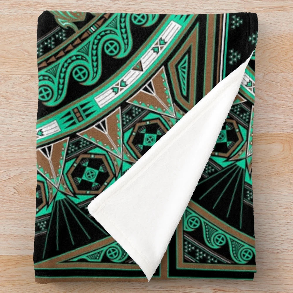 Soft green turtle plush blanket with tribal and ocean-themed graphics