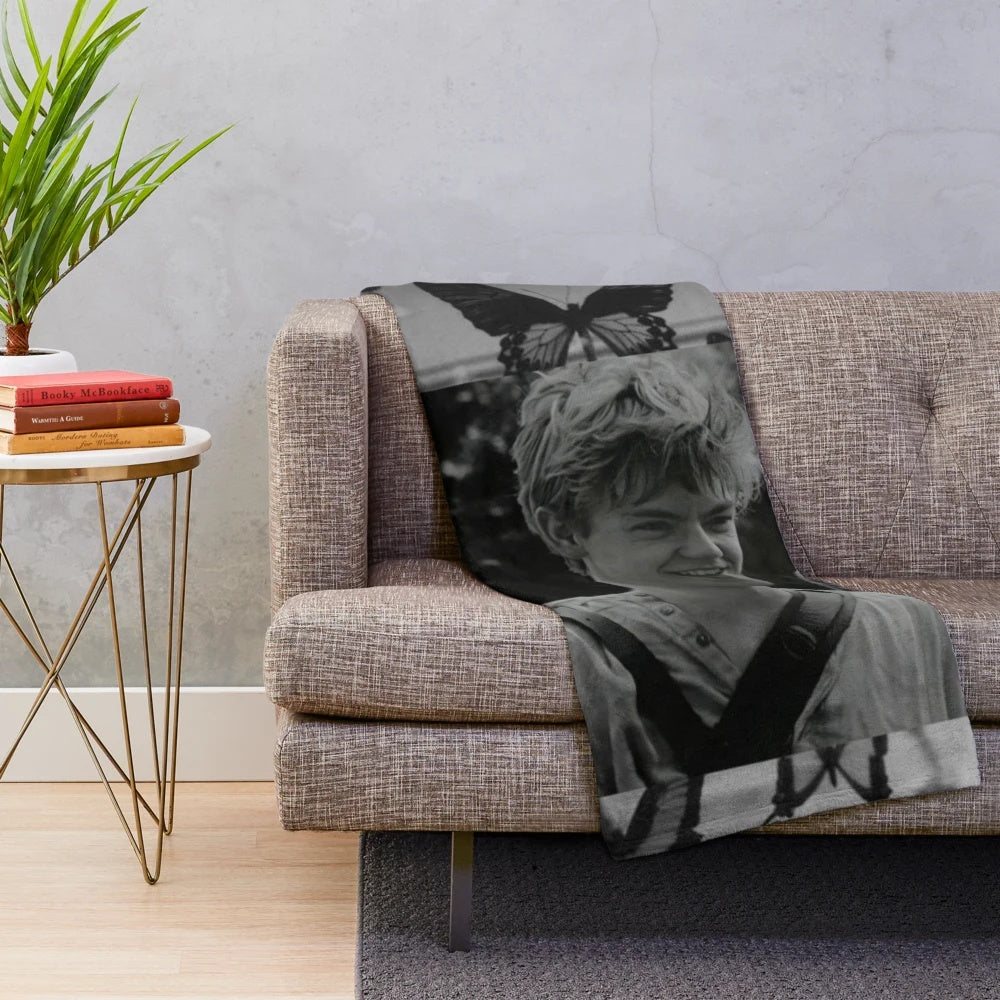 Soft grey plush blanket with butterfly motif, inspired by the character Newt from The Maze Runner