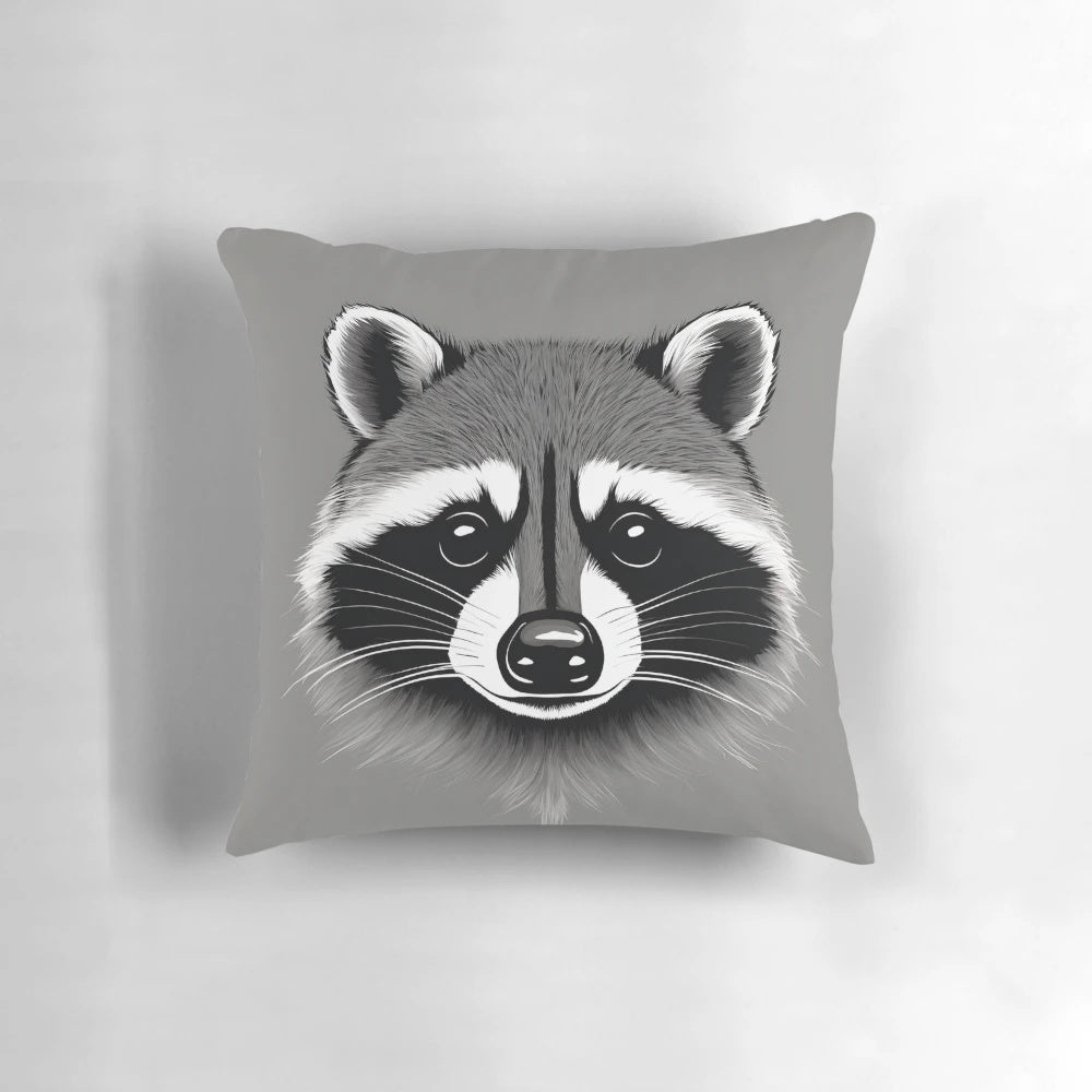 A soft, grey pillow with a playful raccoon print design.