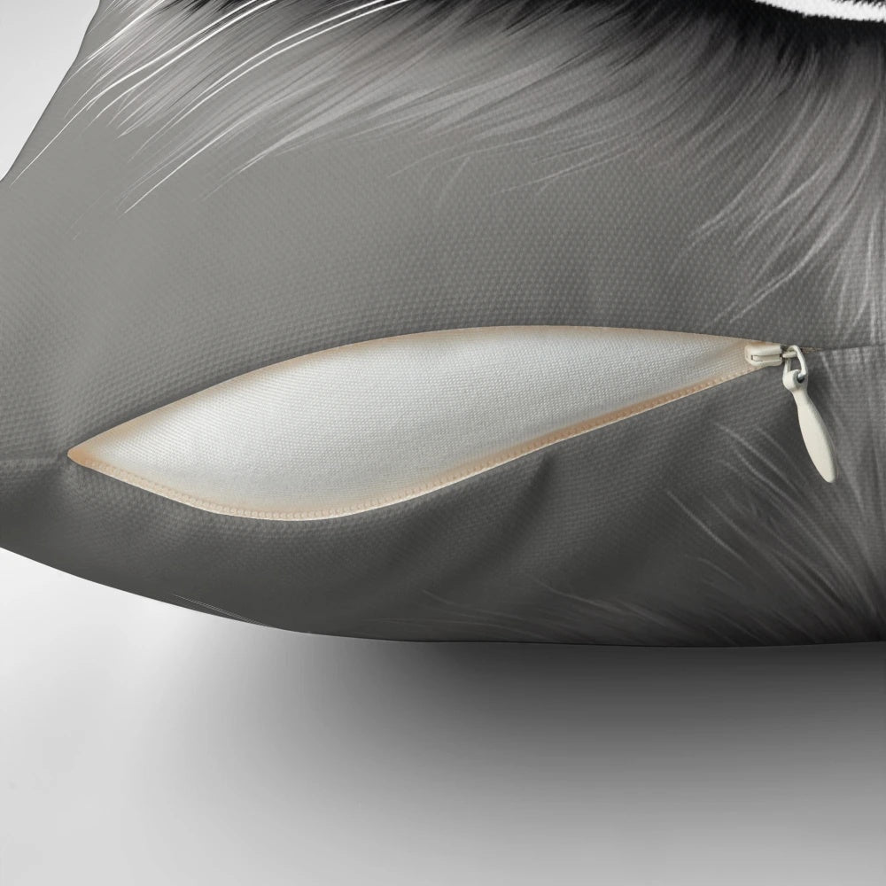 A soft, grey pillow with a playful raccoon print design.