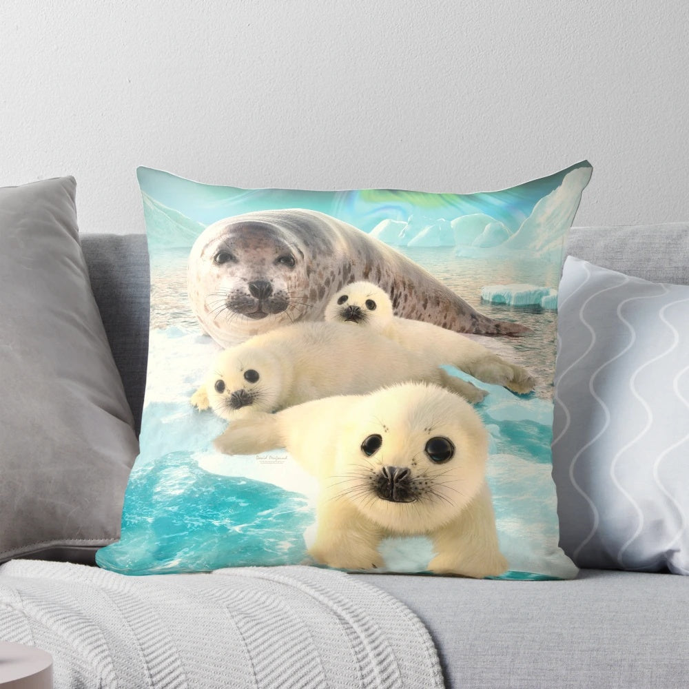 Soft, decorative pillow featuring a grey seal pup in the arctic landscape