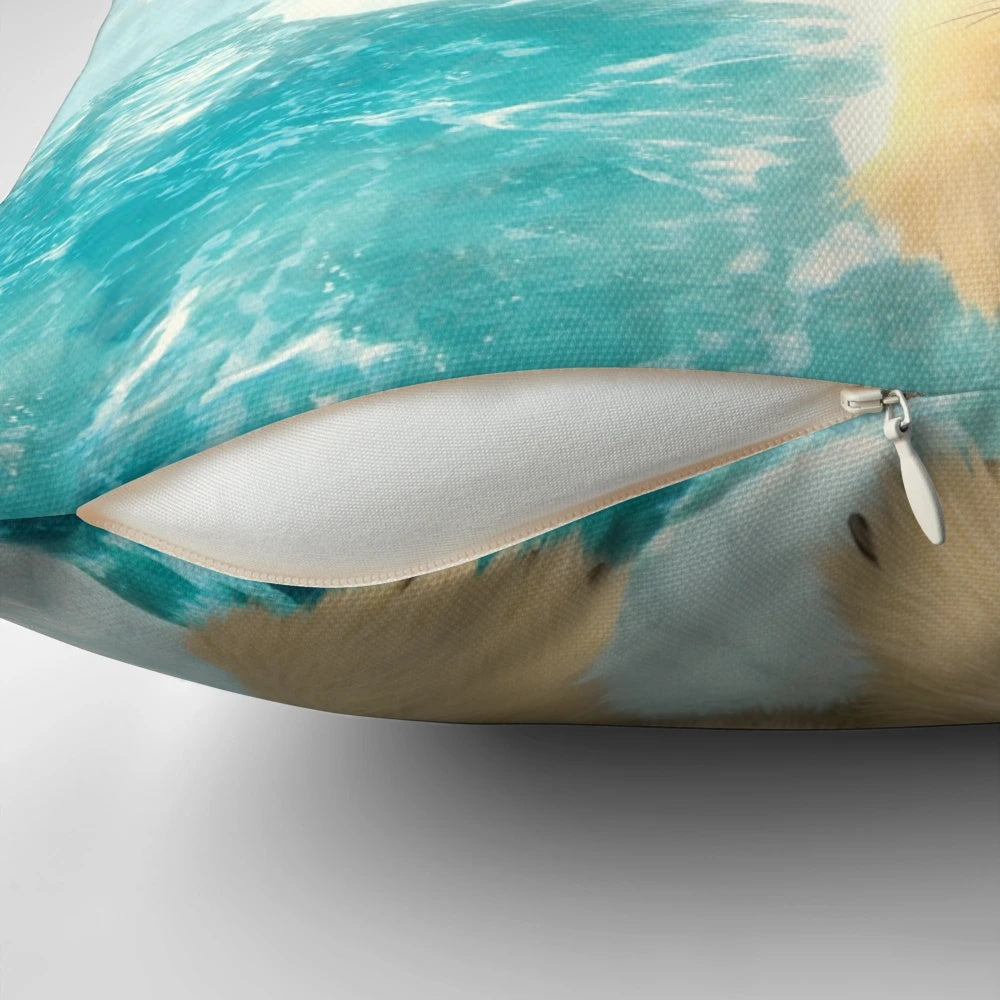 Soft, decorative pillow featuring a grey seal pup in the arctic landscape