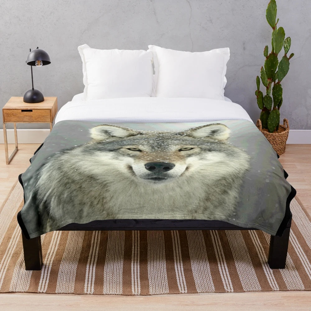 Grey wolf plush blanket with nature-inspired design