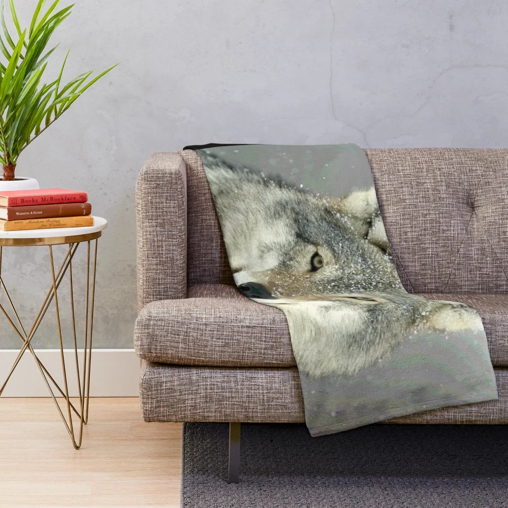 Grey wolf plush blanket with nature-inspired design
