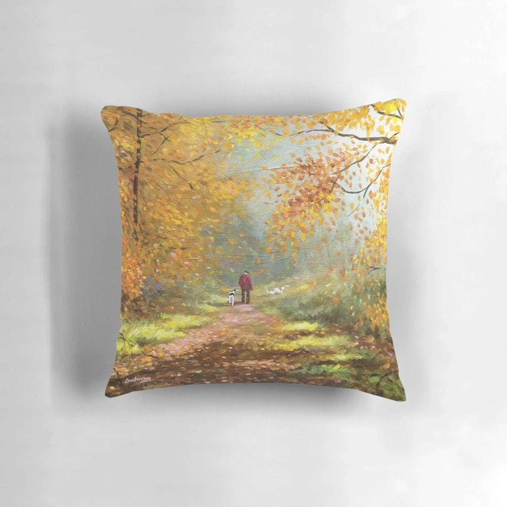 Decorative pillow featuring a greyhound dog surrounded by golden autumn leaves