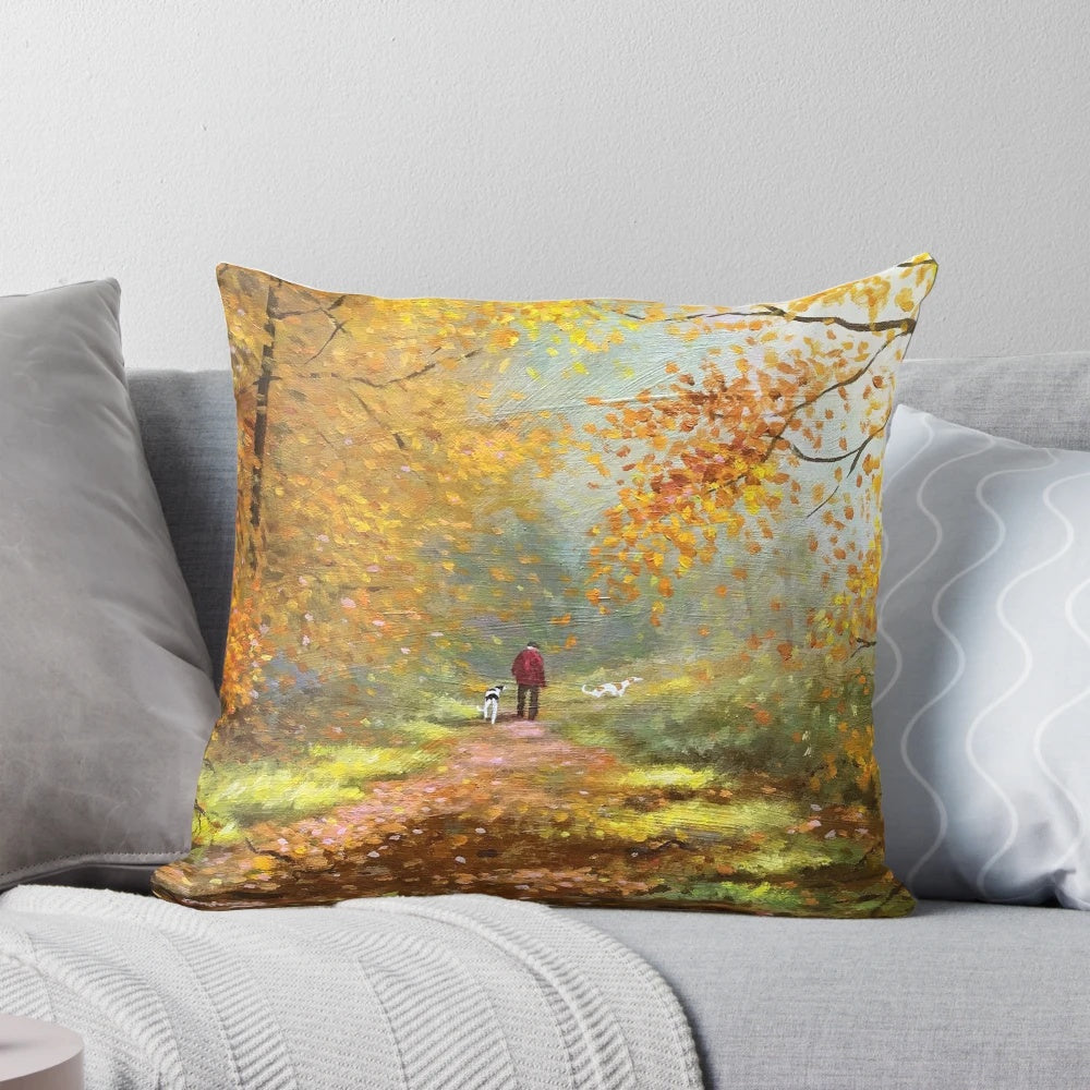 Decorative pillow featuring a greyhound dog surrounded by golden autumn leaves