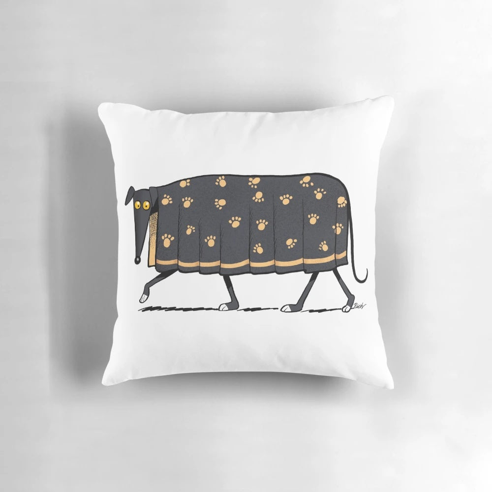 A plush, comfortable pillow featuring a charming greyhound cartoon design by artist Richard Skipworth.