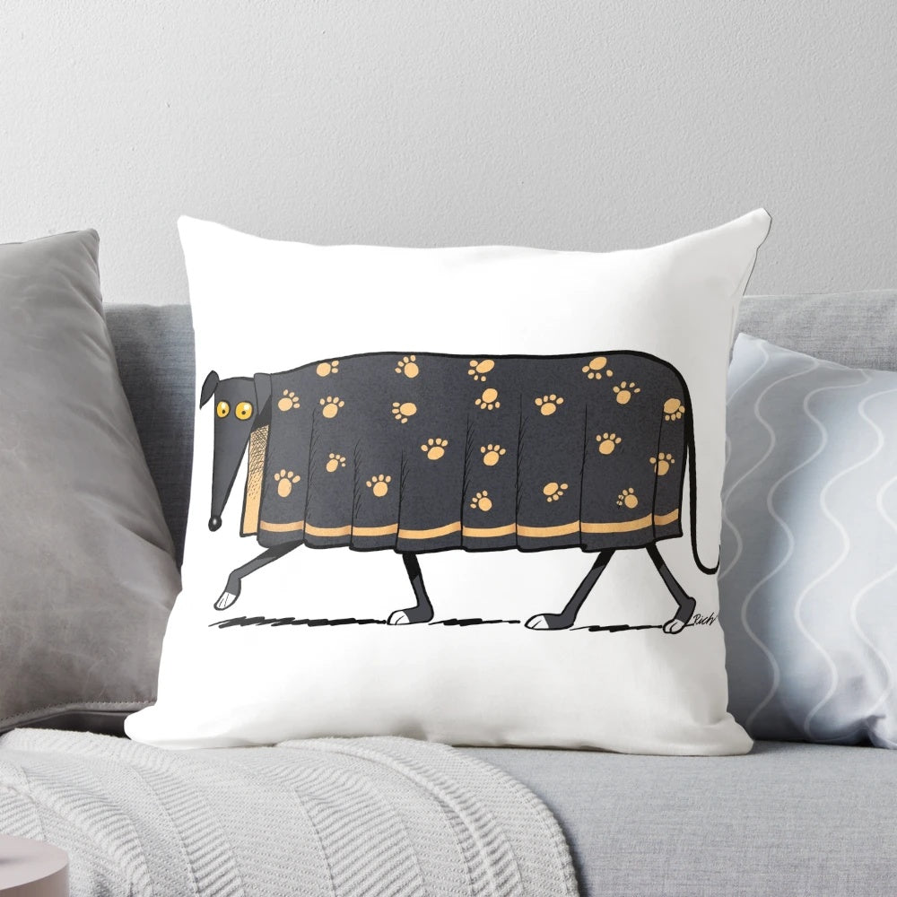 A plush, comfortable pillow featuring a charming greyhound cartoon design by artist Richard Skipworth.