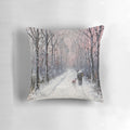 A cozy, winter-themed pillow featuring a charming greyhound or whippet dog in a snowy, holiday landscape.