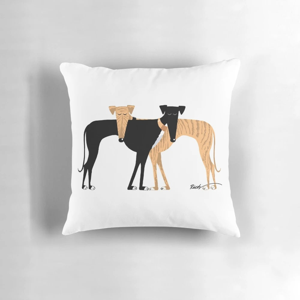 A soft, plush pillow featuring a cartoon-style greyhound dog design, perfect for adding a touch of whimsy to any pet-friendly space.