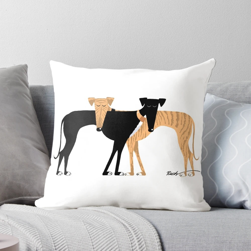 A soft, plush pillow featuring a cartoon-style greyhound dog design, perfect for adding a touch of whimsy to any pet-friendly space.