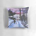 A cozy Pillow featuring a greyhound in a winter landscape with snow and trees.