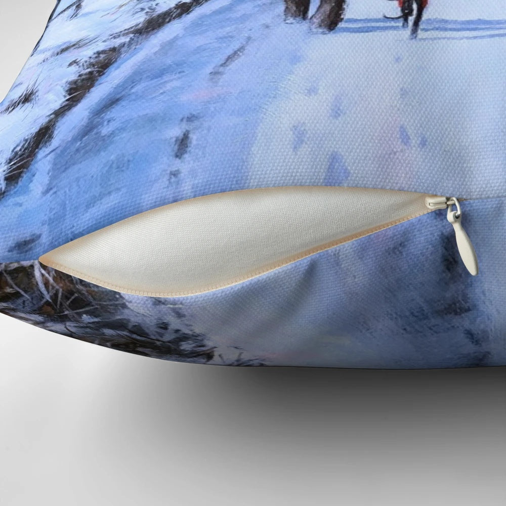 A cozy Pillow featuring a greyhound in a winter landscape with snow and trees.