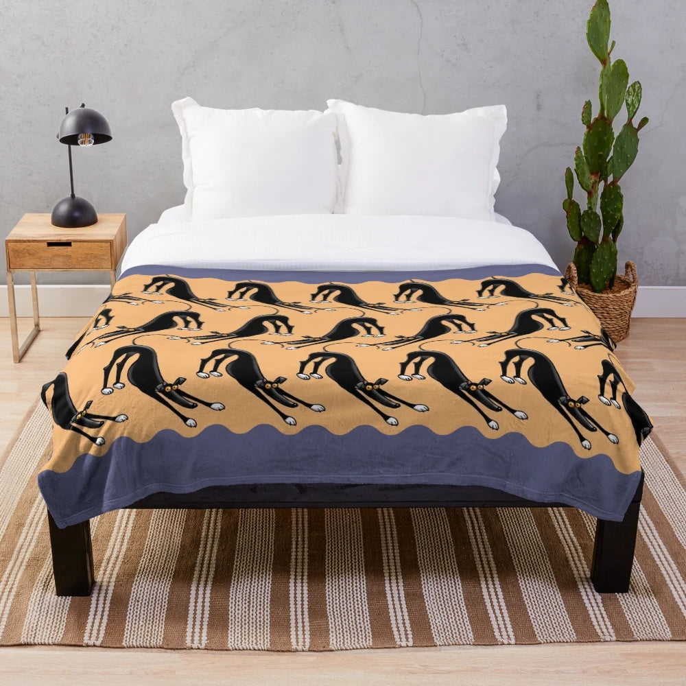 Greyhound inspired plush blanket featuring a cartoon design by artist Rich Skipworth