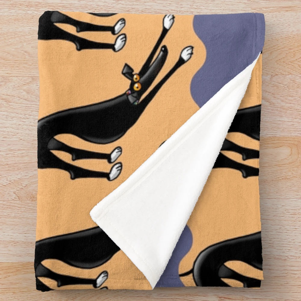 Greyhound inspired plush blanket featuring a cartoon design by artist Rich Skipworth