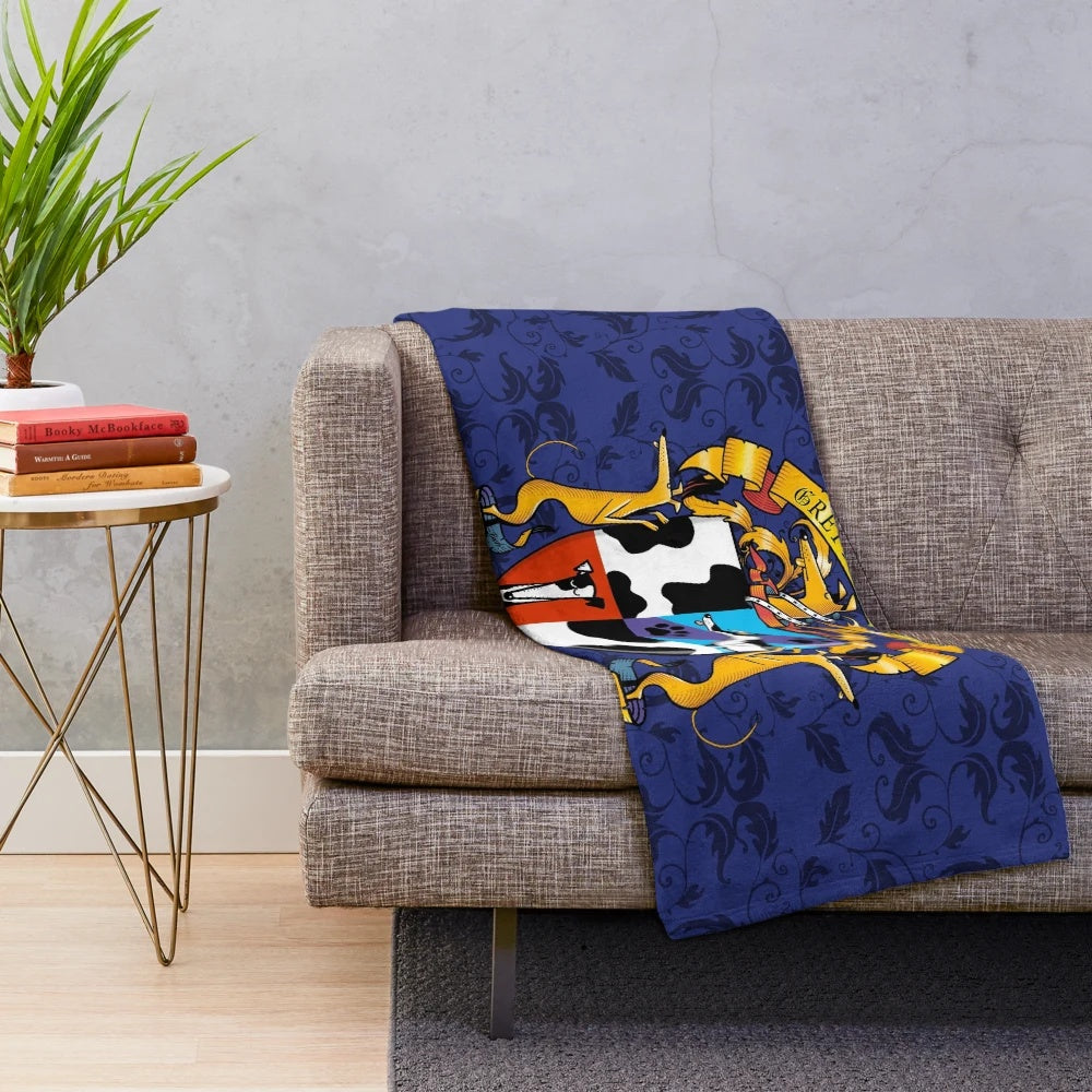 Greyhound-inspired plush blanket with a whimsical cartoon design