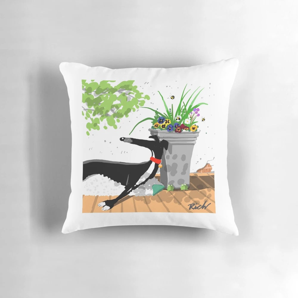 Soft, plush greyhound-shaped pillow with a nature-inspired design
