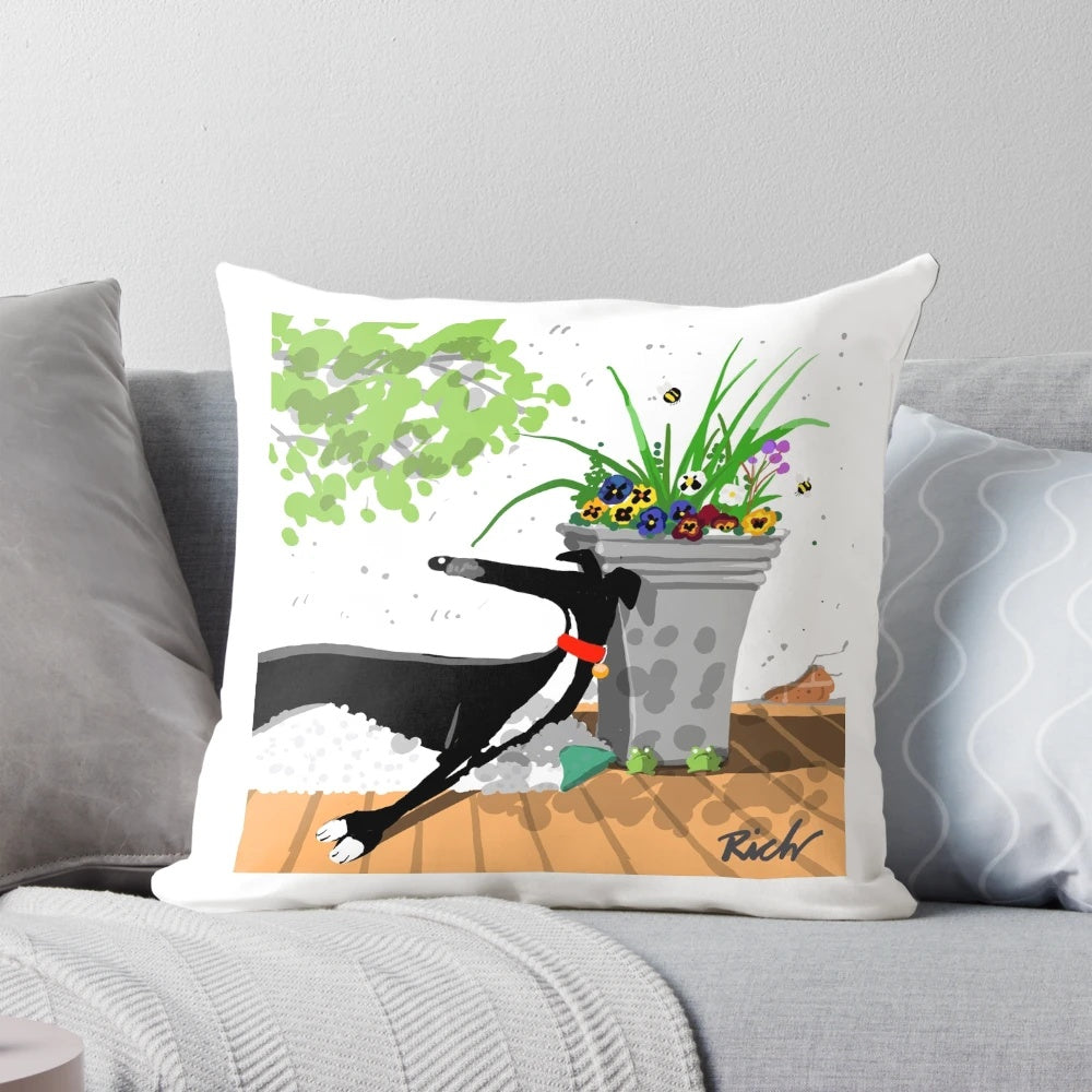 Soft, plush greyhound-shaped pillow with a nature-inspired design