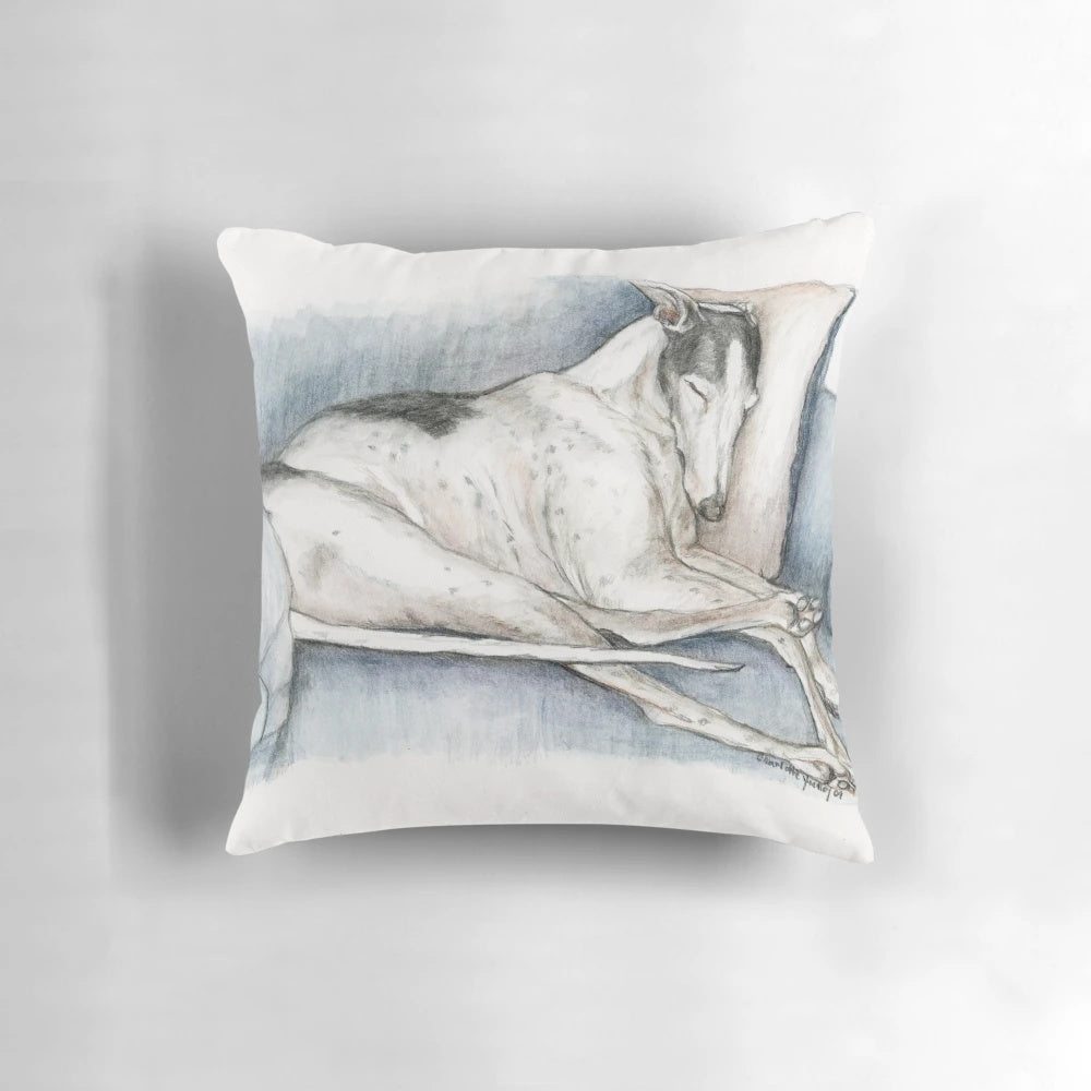 Soft, plush pillow featuring a sleeping greyhound dog