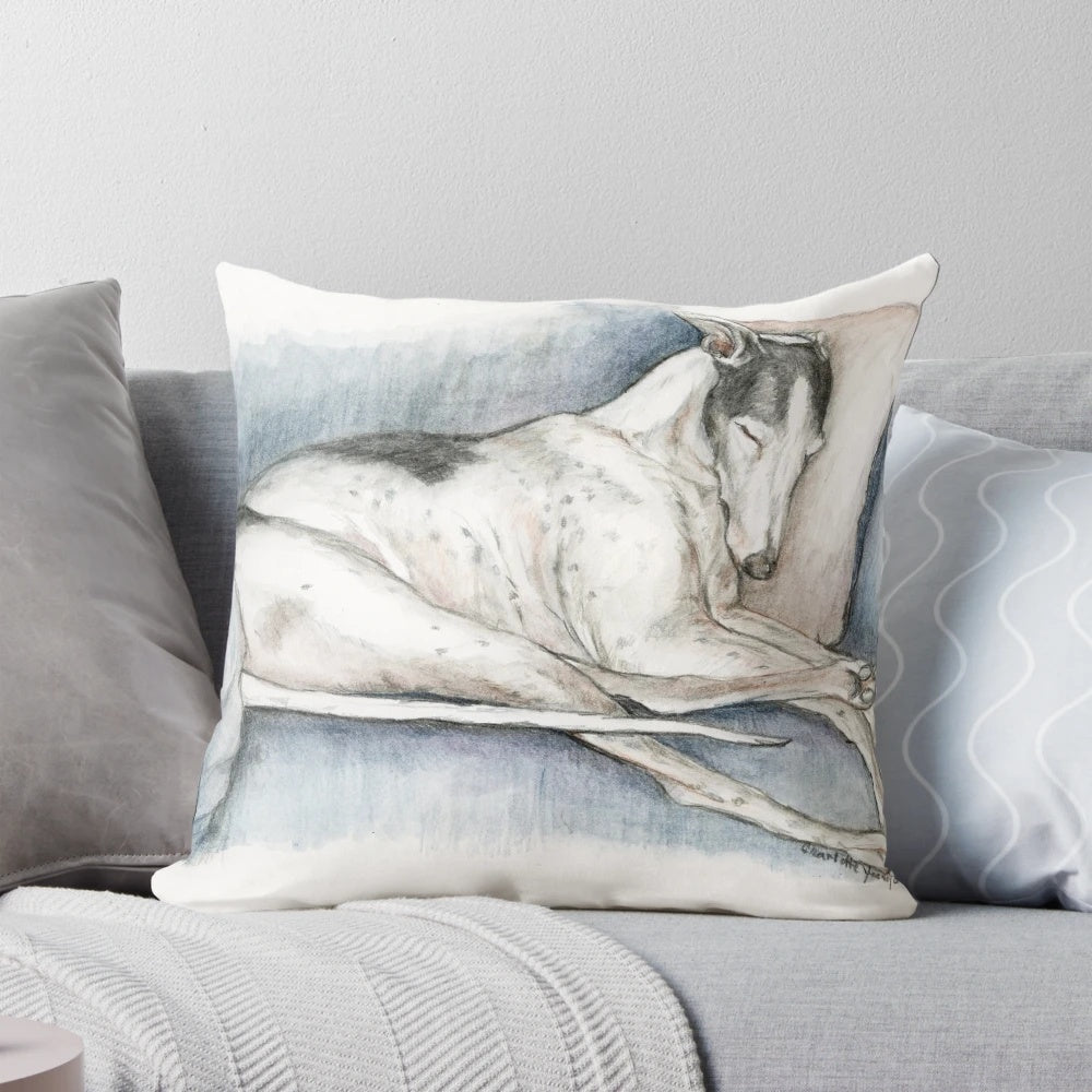 Soft, plush pillow featuring a sleeping greyhound dog