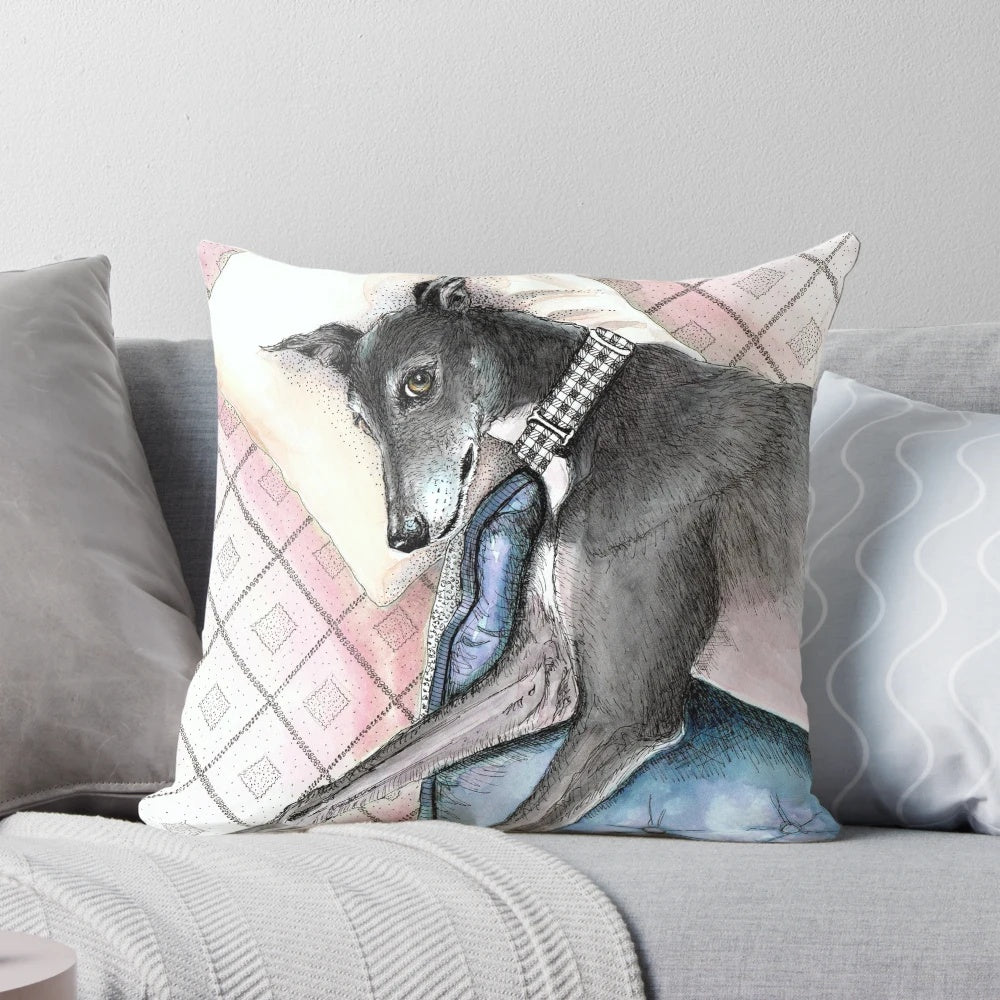 A plush and comfortable pillow featuring a sleeping greyhound or lurcher dog