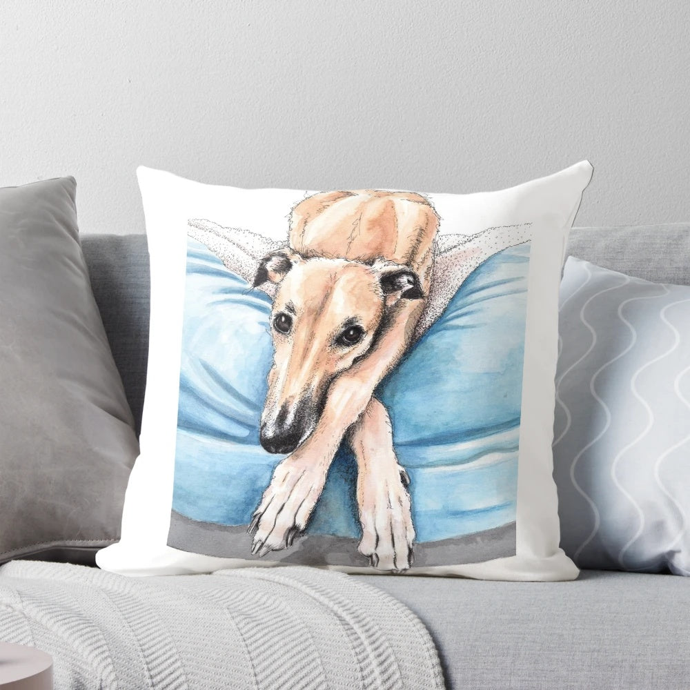 Decorative pillow featuring a stylized greyhound or whippet design in blue and white