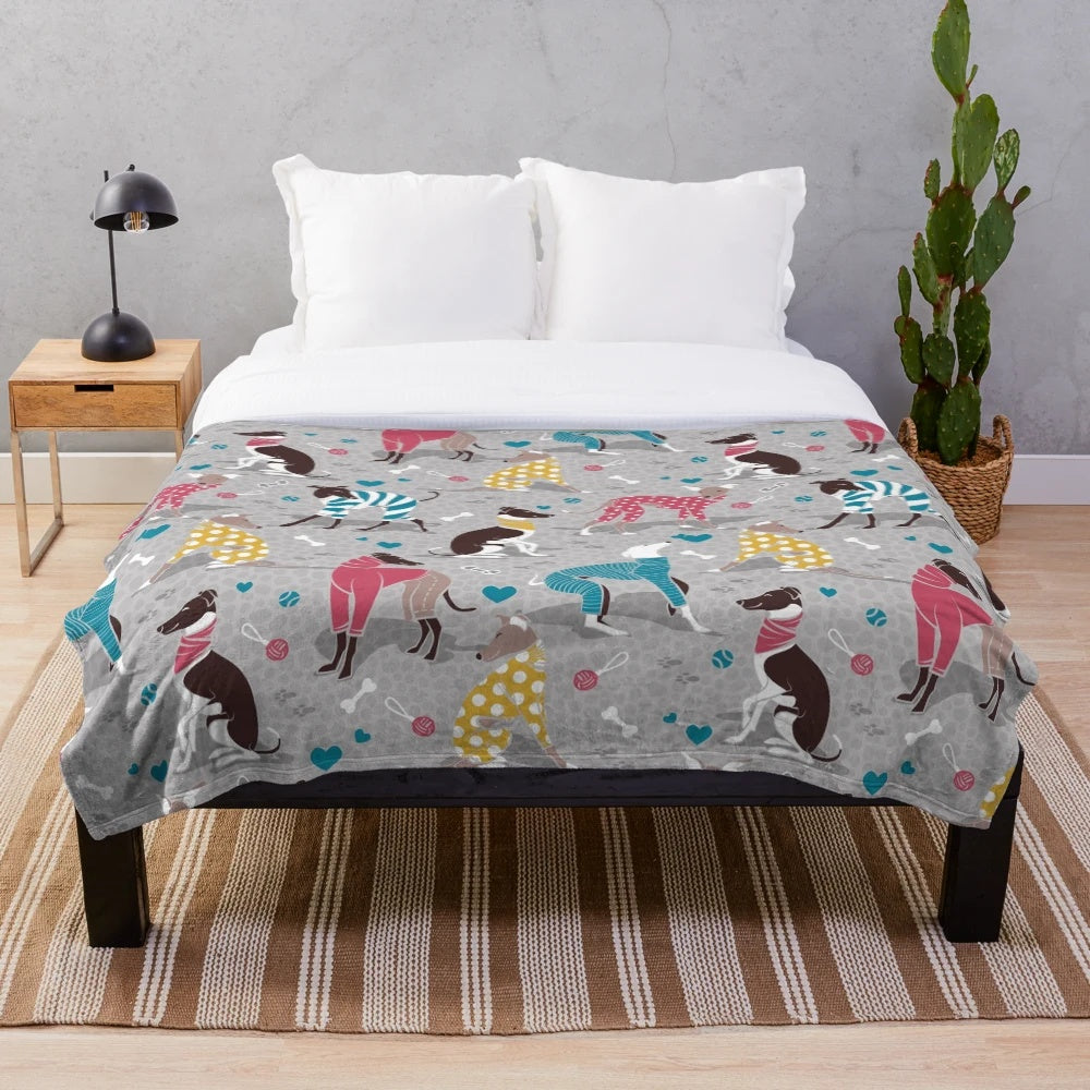 Greyhound plush blanket with colorful dog illustrations