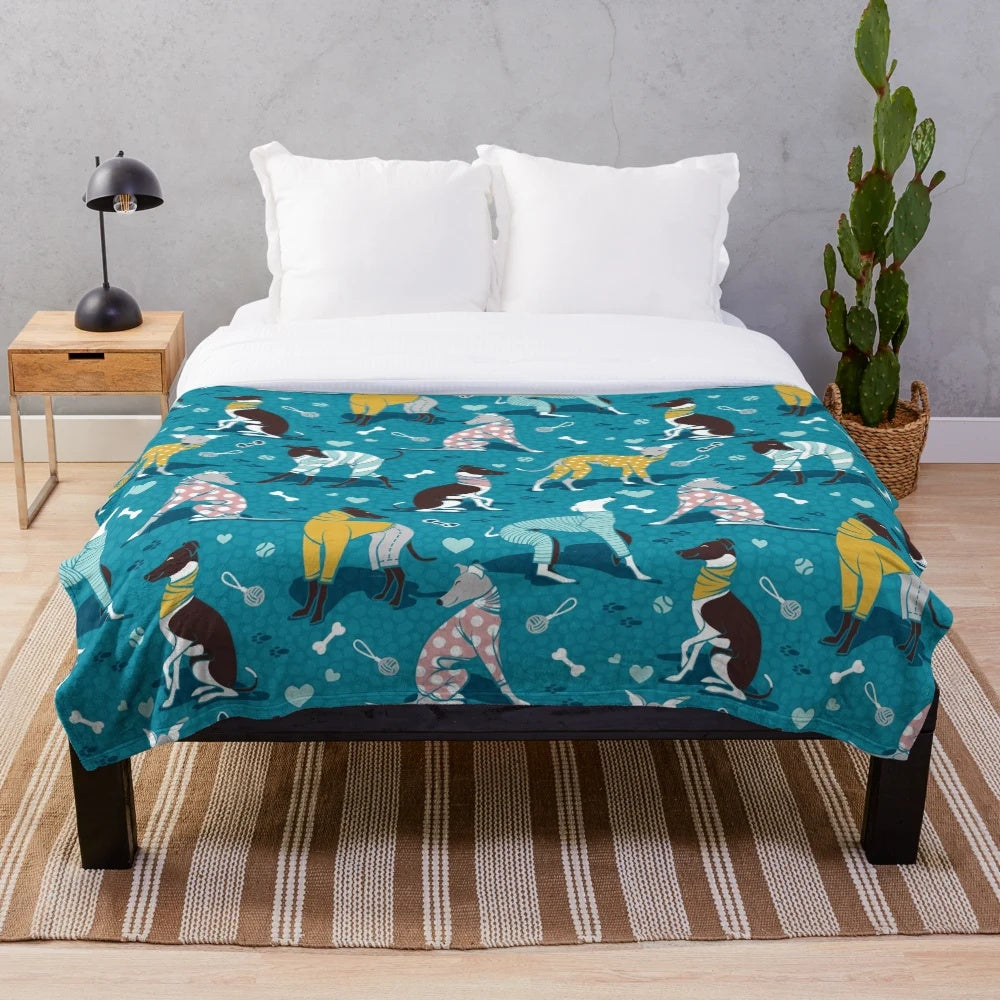 Greyhound plush blanket with turquoise and white design