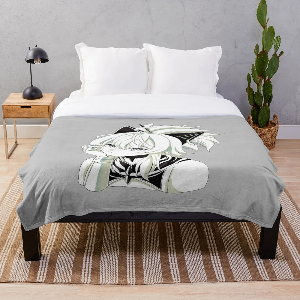Greyscale plush blanket with a minimalist, anime-inspired design