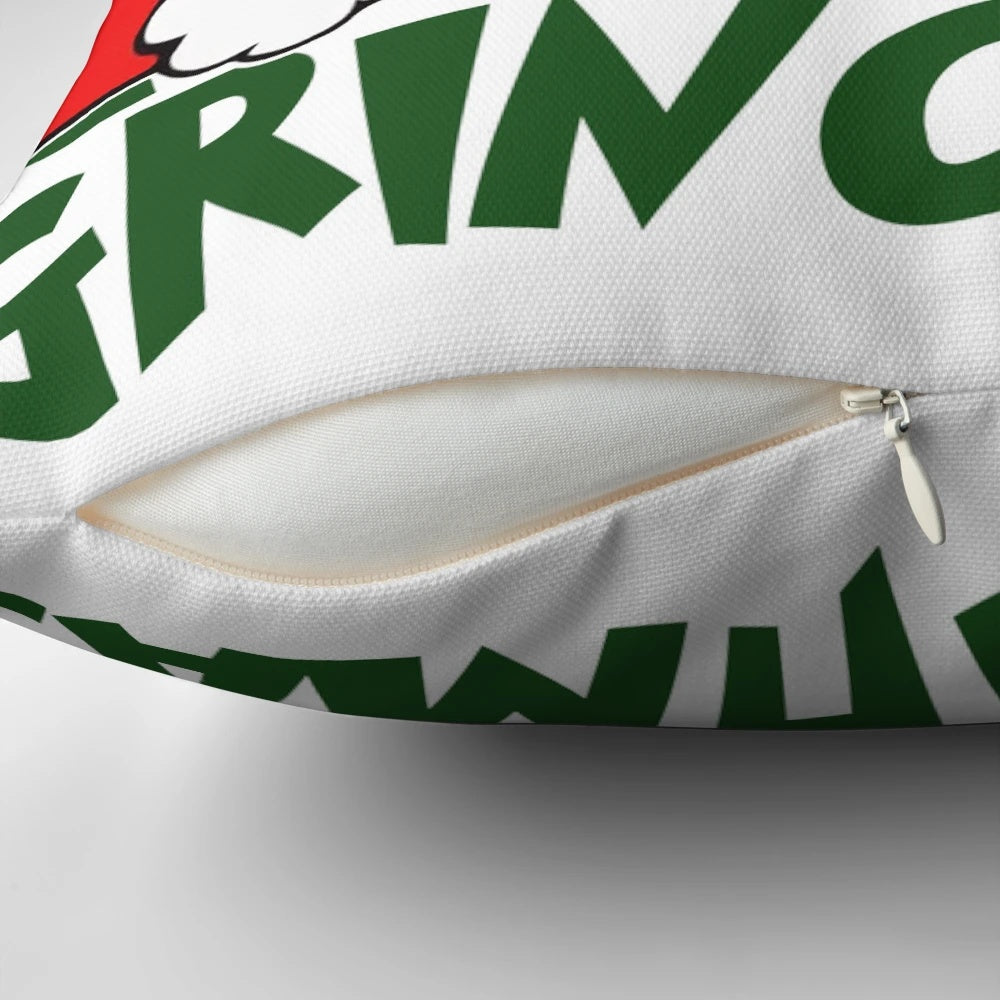 Soft and plush Grinchmas-themed Christmas pillow with green Grinch design, perfect for holiday home decor.