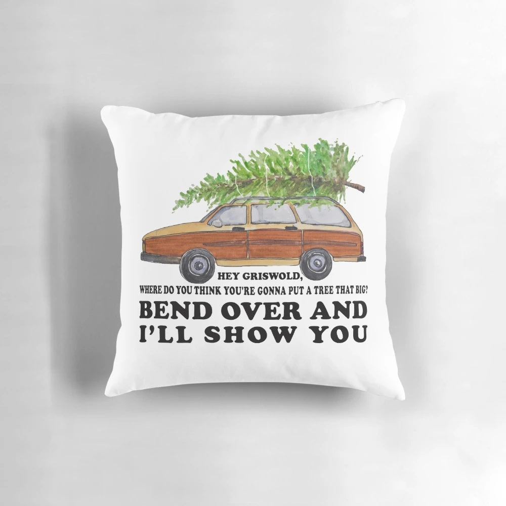 Pillow with Griswold family Christmas tree scene from the movie Christmas Vacation