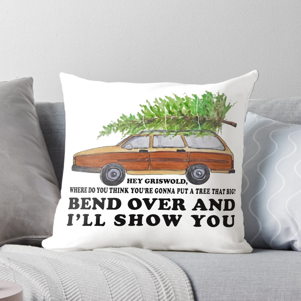 Pillow with Griswold family Christmas tree scene from the movie Christmas Vacation