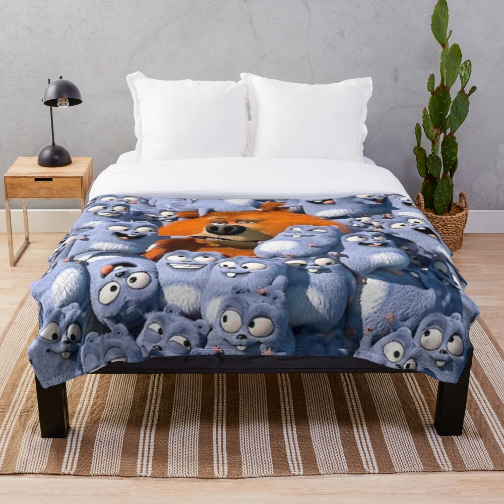 Grizzly and Lemmings Cartoon Plush Blanket