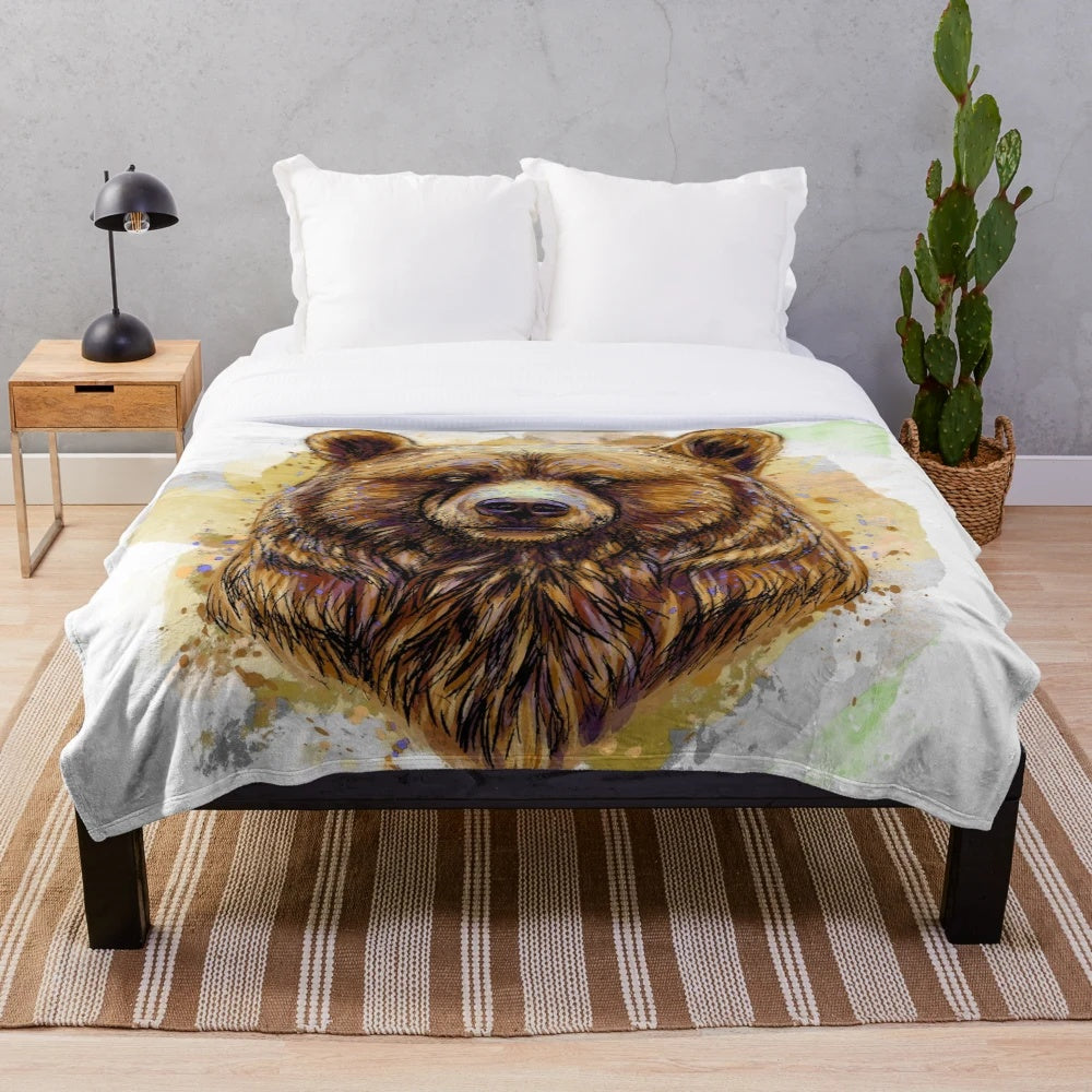 Grizzly bear plush blanket with hand-drawn watercolor design