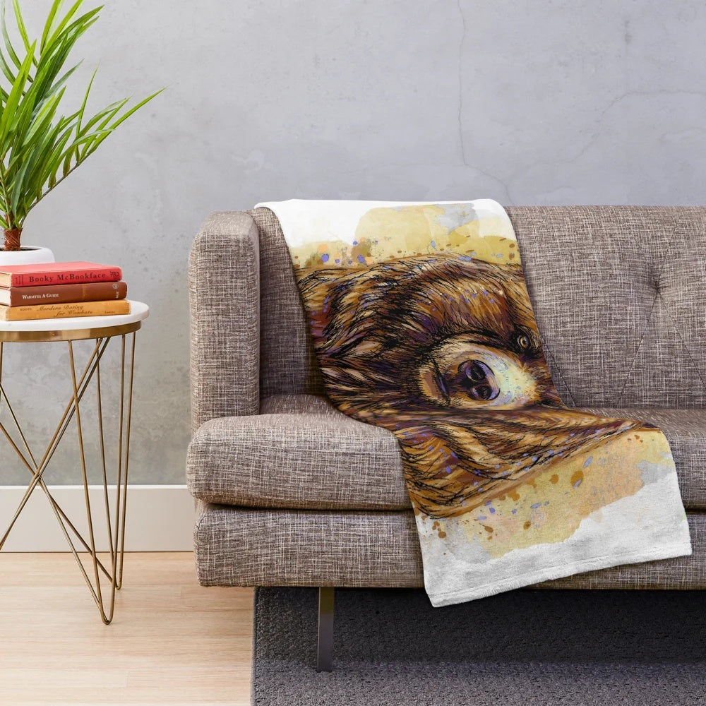 Grizzly bear plush blanket with hand-drawn watercolor design