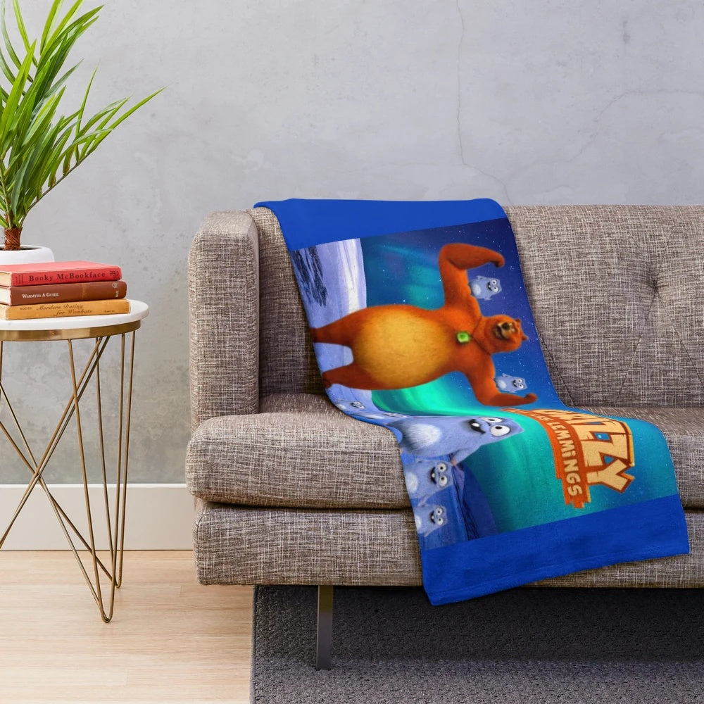 Grizzy and Lemmings inspired plush blanket featuring the bear and his mischievous lemmings friends