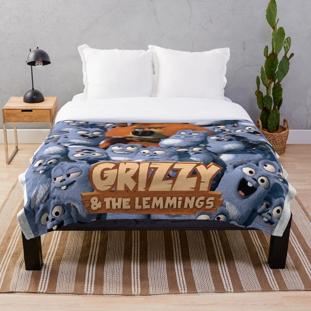 Grizzy and the Lemmings inspired plush blanket with Grizzy bear character