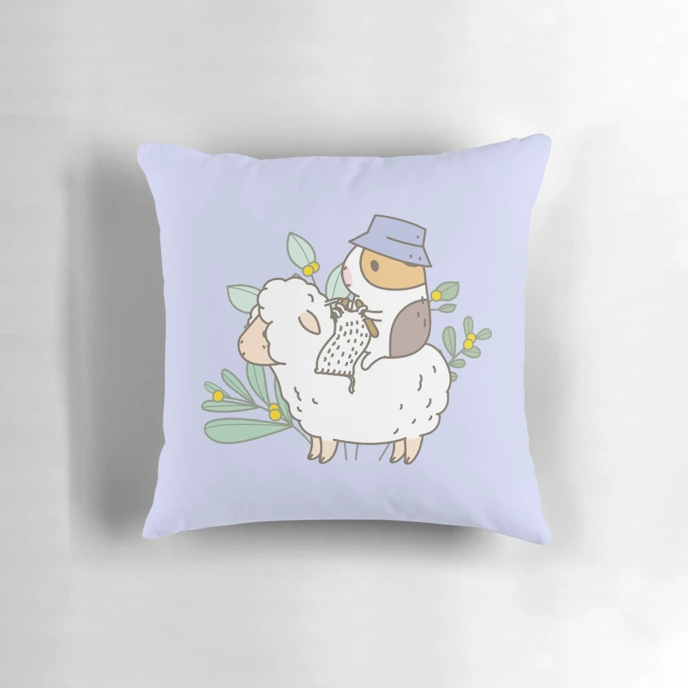 A soft and cuddly guinea pig-shaped pillow with a knitted design, perfect for snuggling up with yarn projects.