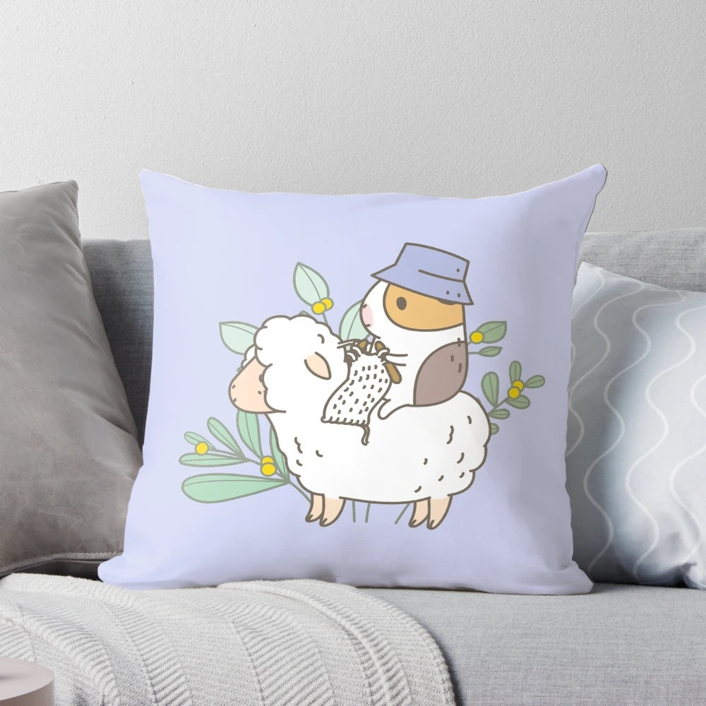 A soft and cuddly guinea pig-shaped pillow with a knitted design, perfect for snuggling up with yarn projects.