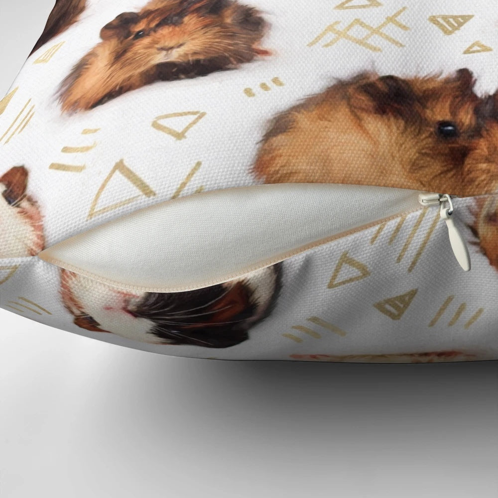 A soft, plush pillow featuring a geometric pattern design and an adorable guinea pig image.