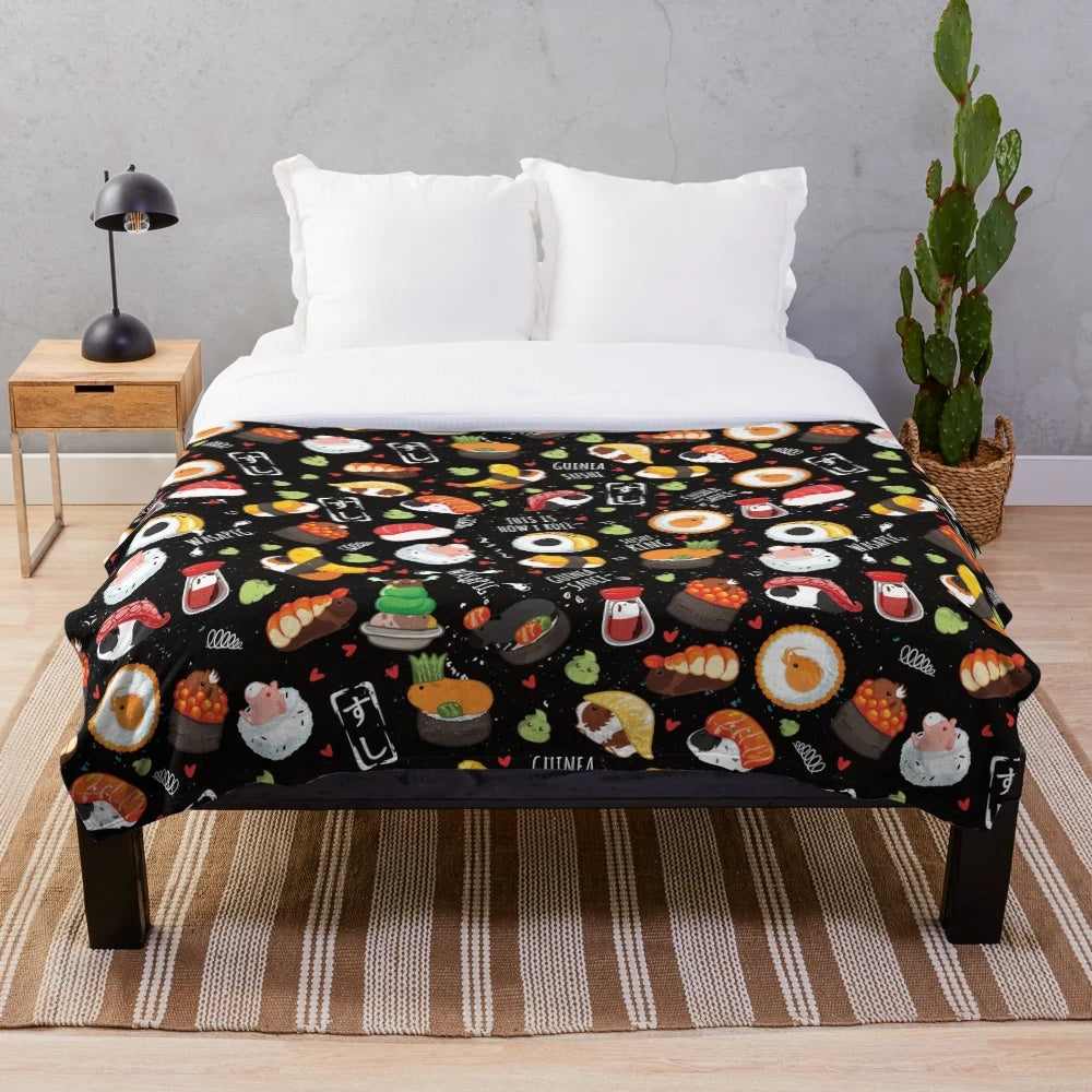 Plush blanket with cute guinea pig sushi design on black background