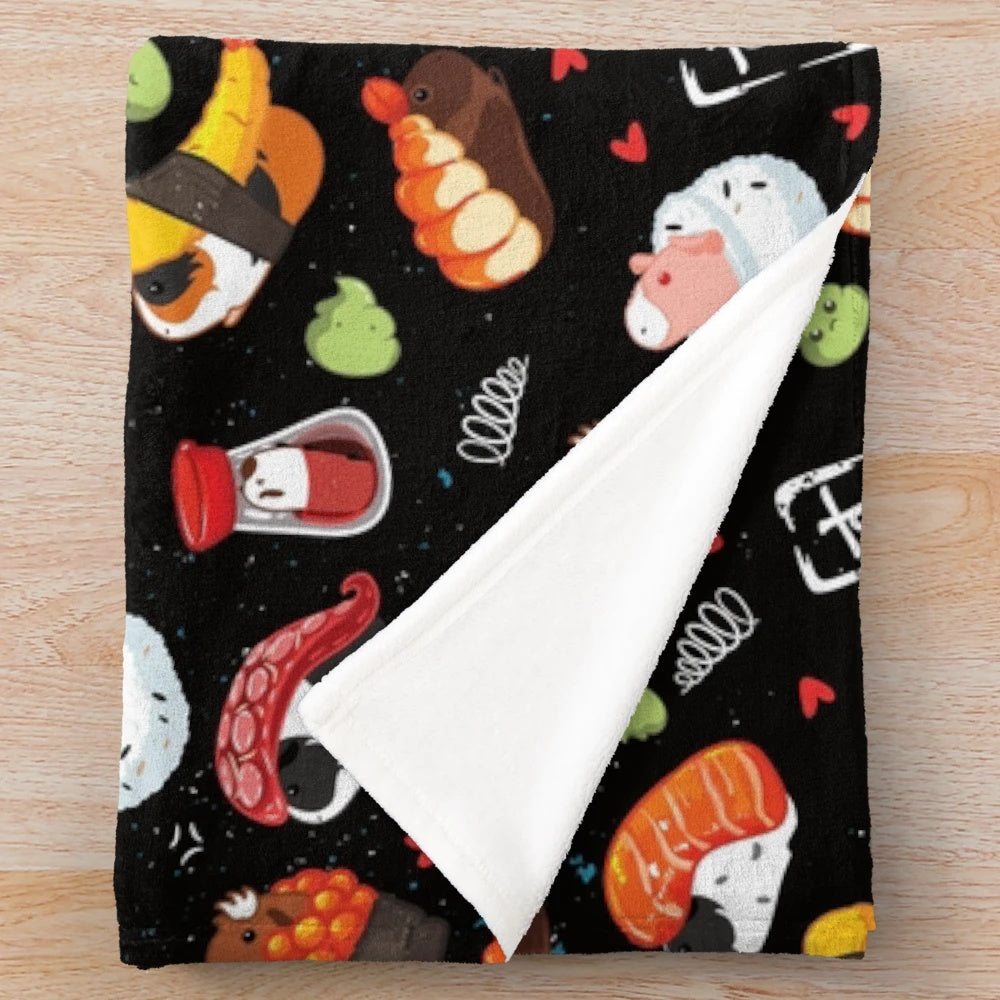 Plush blanket with cute guinea pig sushi design on black background
