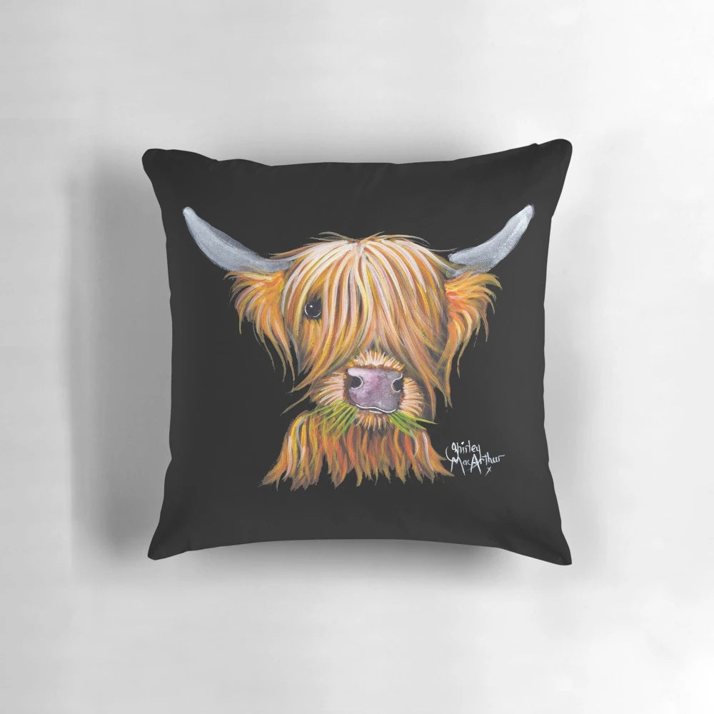 Soft, plush throw pillow cover featuring a charming highland cow illustration in a galaxy-inspired design.