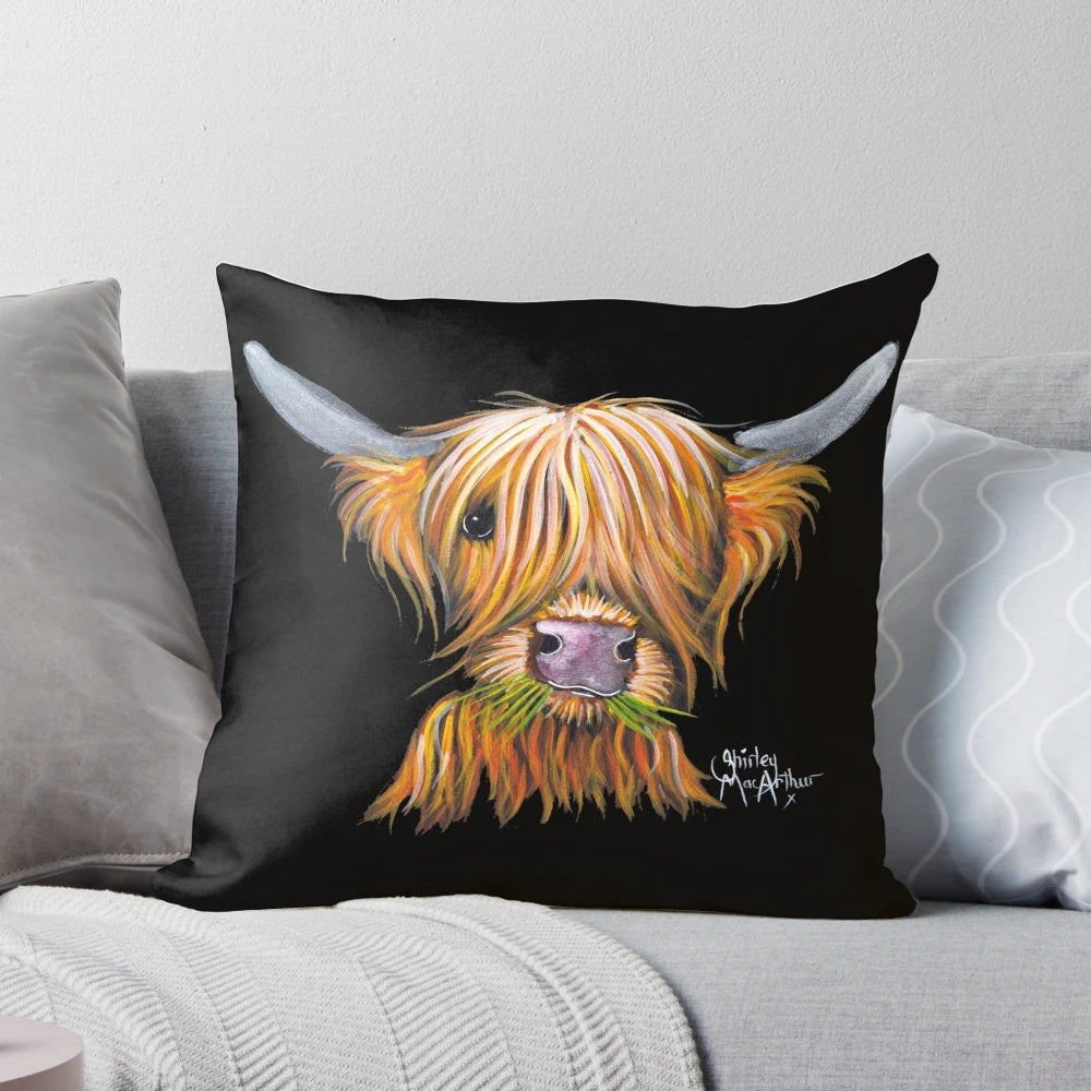 Soft, plush throw pillow cover featuring a charming highland cow illustration in a galaxy-inspired design.