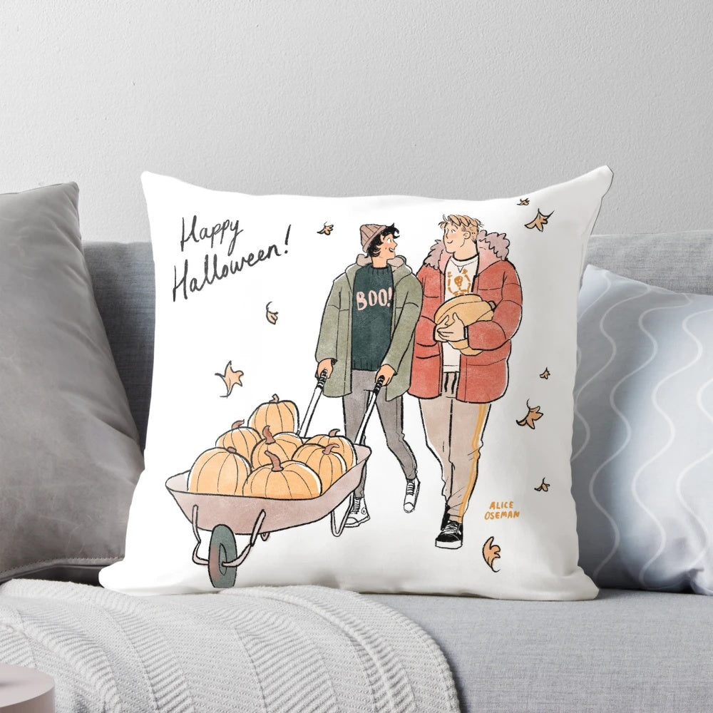 Cozy Halloween-themed pillow with a heartwarming LGBTQ+ design