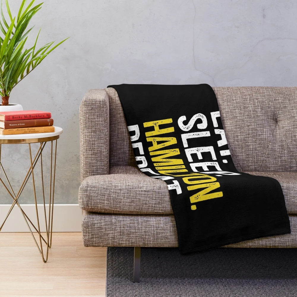 Hamilton-themed plush blanket with "Eat Sleep Hamilton Repeat" design