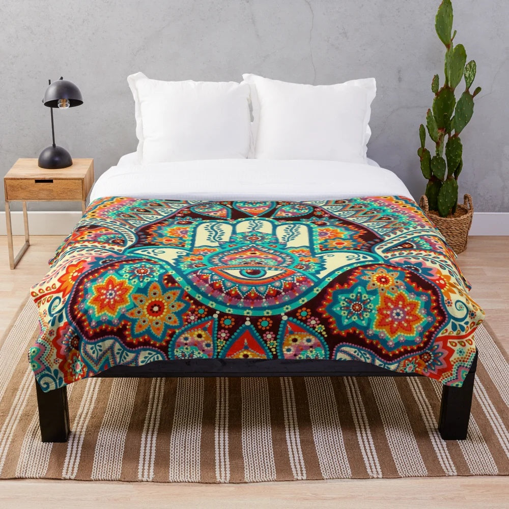 Hamsa hand plush blanket with mandala flower design